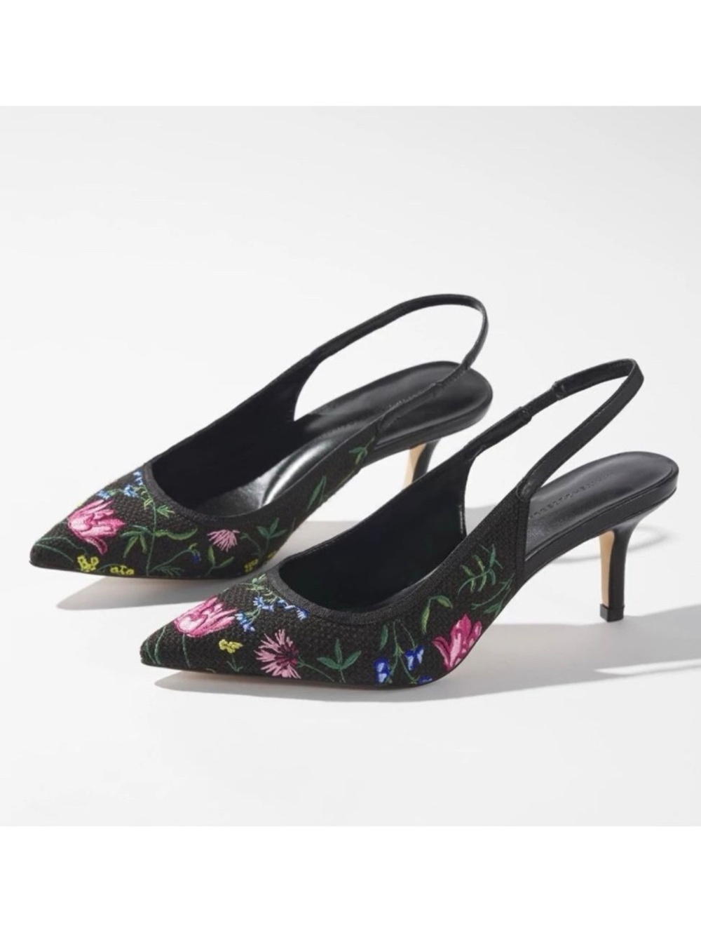 WHBM New Black Floral Embroidered Slingback Shoe Size 9.5
